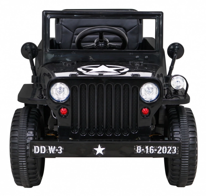 Retro vojenské auto pro děti černé + pohon 4x4 + dálkové ovládání + 2 nosiče zavazadel + pomalý start + MP3 LED