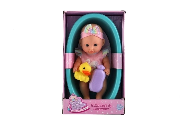 Panenka miminko 26cm pevné tělo plast s vaničkou s doplňky v krabici 20x33x10cm