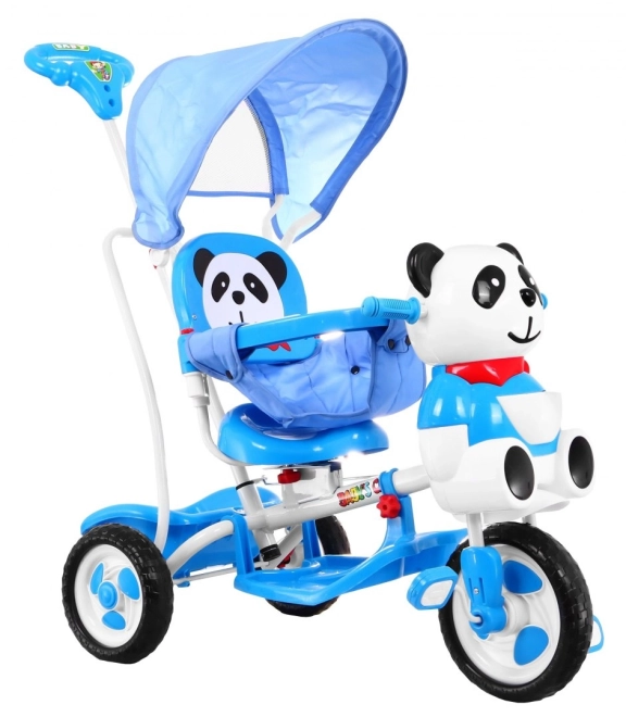 Dětské tříkolové kolo Panda + zvuky + stříška + zábrana + opěrka nohou + rukojeť + ližiny + úložný prostor – Modré