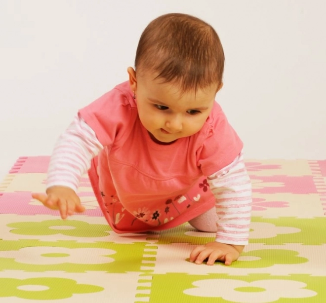 Pěnová podložka puzzle Květiny zeleno-béžové