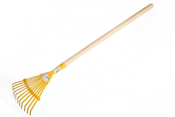 Planžetové hrábě červené s kovovou a dřevěnou násadou 80 cm – Žluté