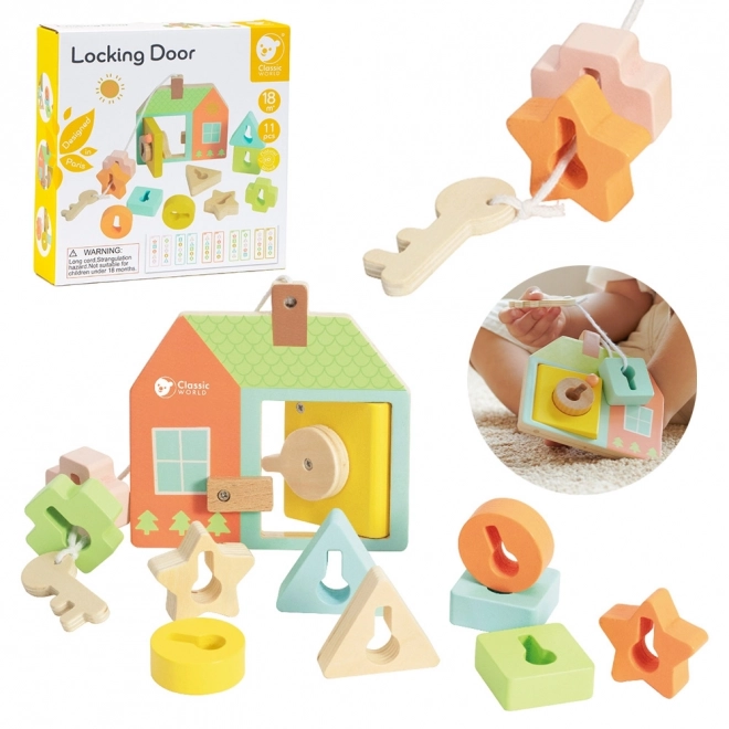 Classic World Montessori dřevěné navlékání klíče a dveře 11 ks