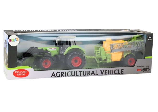 Zemědělský traktor bagr s postřikovačem Zelený