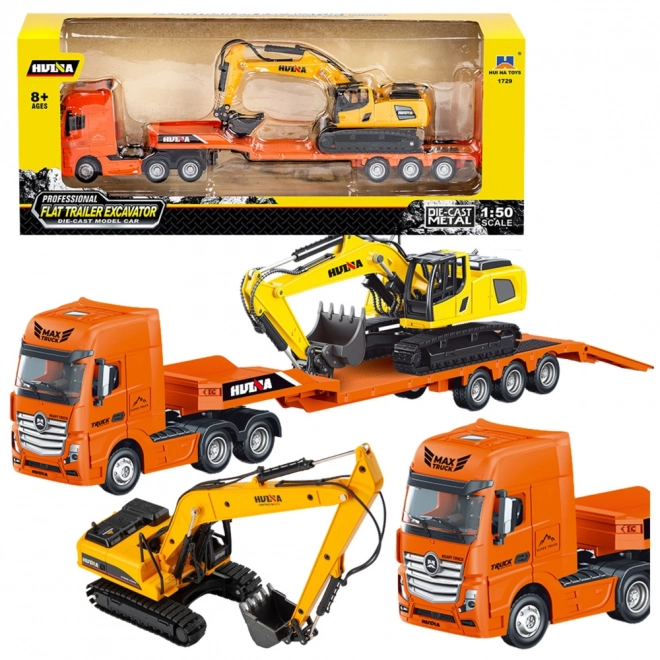 Model nákladního auta s návěsem a bagrem Huina 1:50