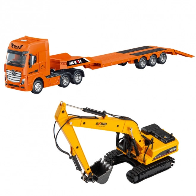 Model nákladního auta s návěsem a bagrem Huina 1:50