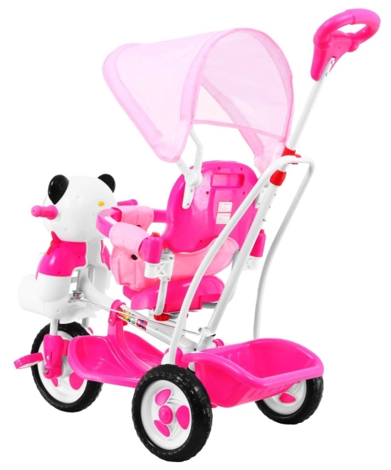 Dětské tříkolové kolo Panda + zvuky + stříška + zábrana + opěrka nohou + rukojeť + ližiny + úložný prostor – Růžové