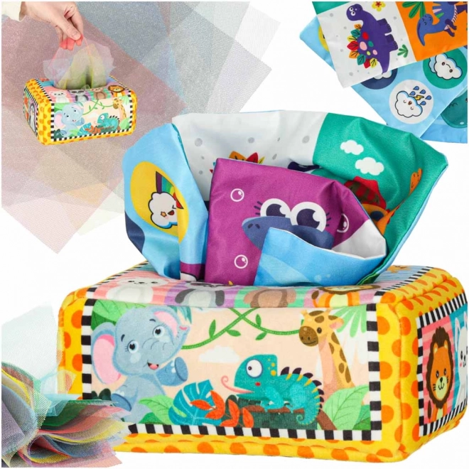Montessori senzorický box s barevnými kapesníky a zvířátky