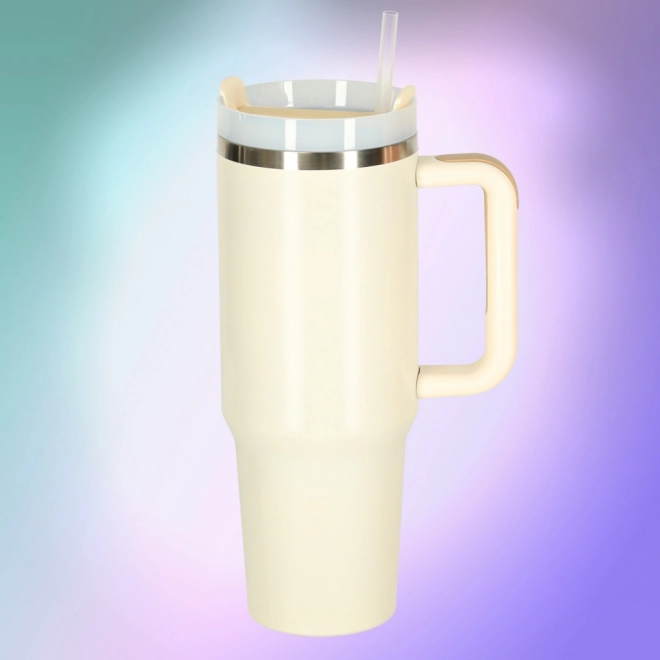 Krémový termohrnek se slámkou a uchem 1200 ml