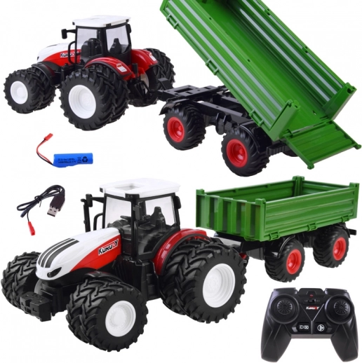 Zahradní RC traktor s naklápěcí zelenou vlečkou a LED osvětlením 1:24