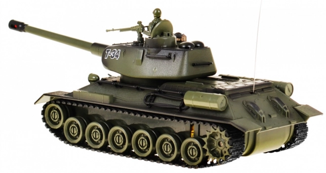 Dálkově ovládaný tank T-34 pro děti 3+ Zelený střílející model 1:28 + Velká tanková bitva + zvuky Světla