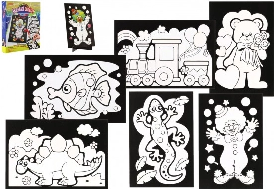 Škrabací obrázek 6ks barevný + 6ks stojánků v krabici 19x22x6,5cm