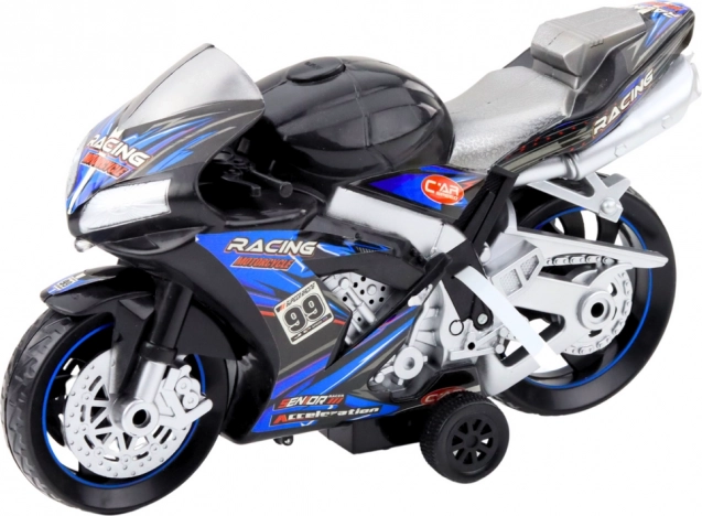 Černomodrý závodní motocykl s efekty světel a zvuku