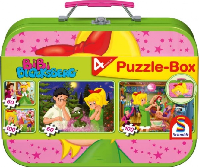 SCHMIDT Puzzle Malá čarodějka Bibi 4v1 v plechovém kufříku (60, 60, 100, 100 dílků)