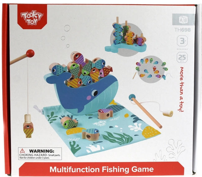 Tooky Toy Dřevěná Hra Velryba a Rybičky Multifunkční 4 v 1