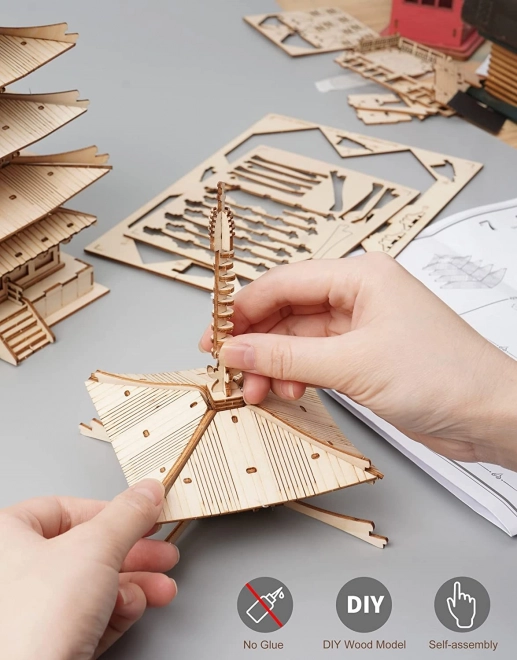 3D dřevěné puzzle pětipatrová pagoda