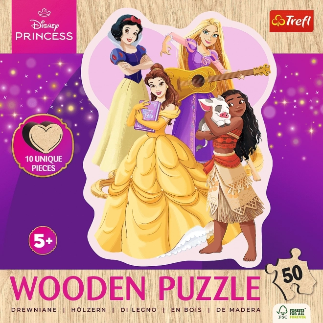 TREFL Dřevěné obrysové puzzle Disney: Krásné princezny 50 dílků