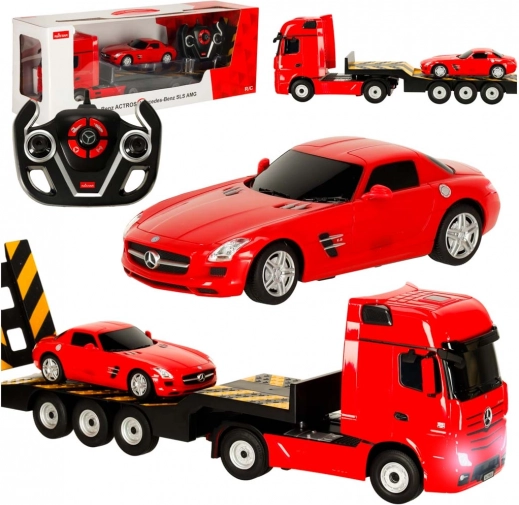Rastar RC kamion MERCEDES-BENZ Actros se sportovním vozem SLS AMG 1:26 červený