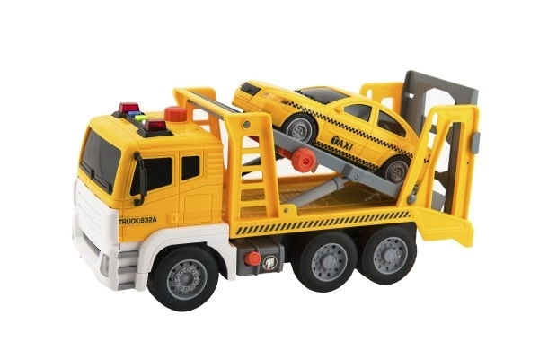 Auto kamion přepravník+1 auto plast na setrvačník na bat. se zvukem se světlem v krabici 36x21x14