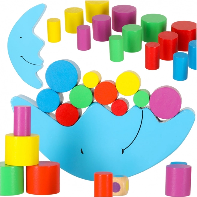 Montessori balanční hra dřevěný měsíček s kostkou a barevnými bloky