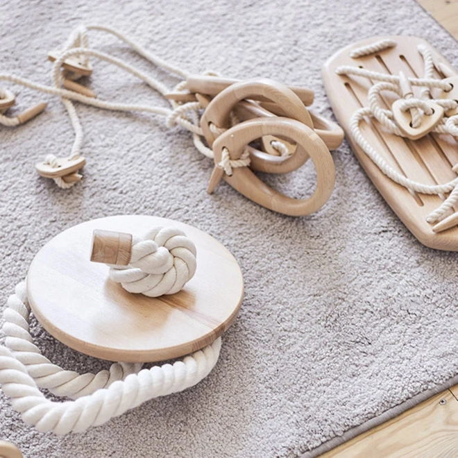 Montessori houpací lano pro domácí hřiště, přírodní dřevo