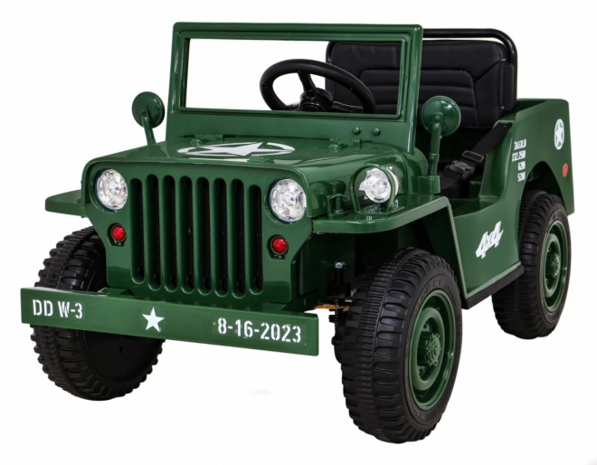 Retro vojenské auto pro děti zelené + pohon 4x4 + dálkové ovládání + 2 nosiče zavazadel + pomalý start + MP3 LED