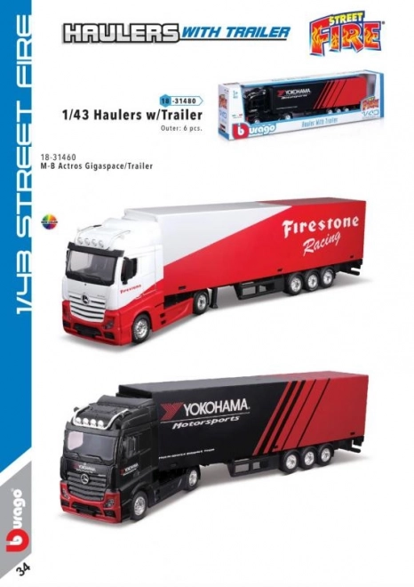 Kamion s přívěsem Bburago MB Actros Gigaspace Firestone 1:43