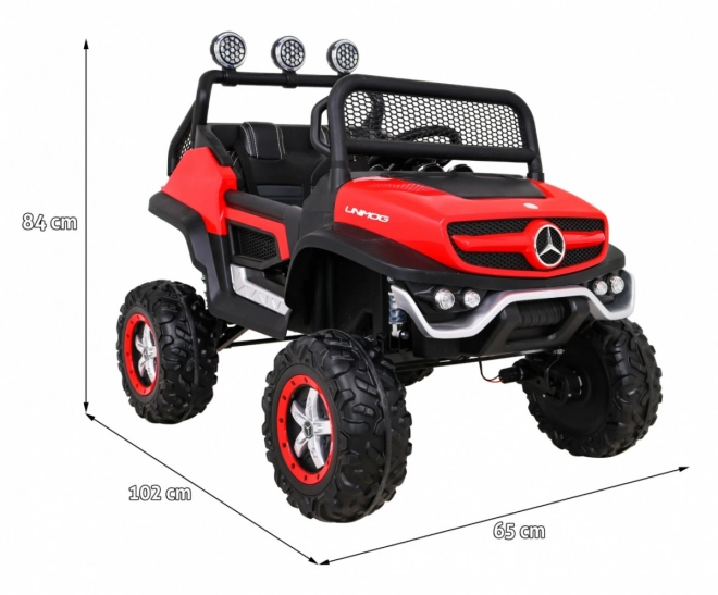 Mercedes Benz Unimog pro děti Červený + 4x4 + dálkové ovládání + nosič zavazadel + pomalý start + MP3 LED