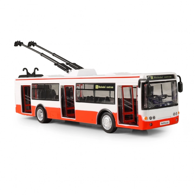 Trolejbus česky mluvící plast 29cm červený volný chod na bat. se světem se zvukem v krab. 33x11x10cm