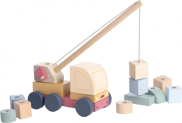 Cubika pastelový autojeřáb s magnetem – dřevěná skládačka 14 dílů