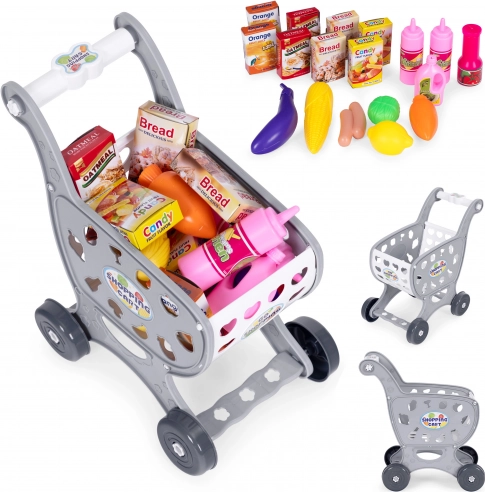 Šedý dětský nákupní vozík pro hru v supermarketu nebo v kuchyni + 18 doplňků