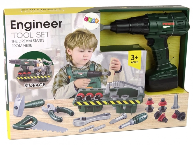 Zelený dětský kutilský set s vrtačkou na baterie