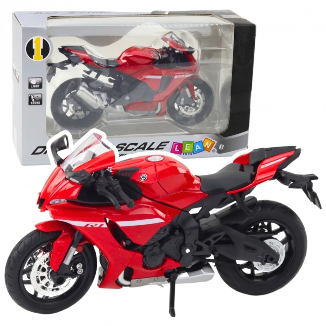 Sportovní kovový motocykl červený s osvětlením a zvuky R1 1:12