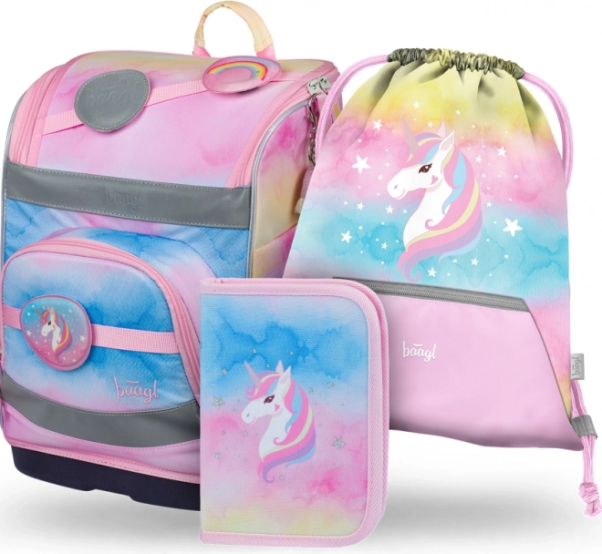 Set 3 BAAGL Zippy plus Rainbow Unicorn: aktovka, penál a sáček