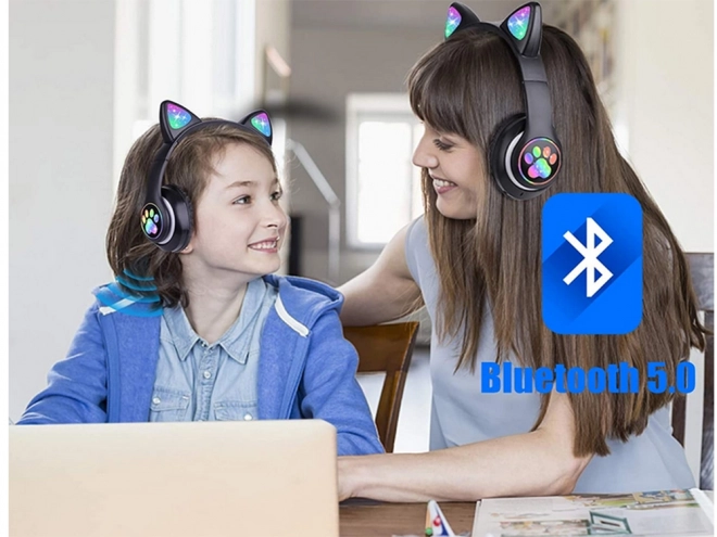 Bezdrátová sluchátka bluetooth rádio fm mp3 kočičí uši led podsvícení – Bílé