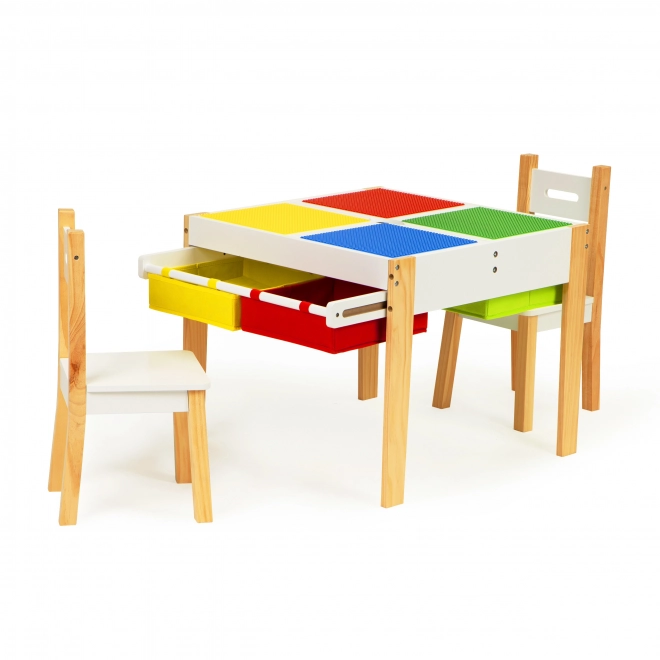 ECOTOYS Dětský dřevěný stůl s hrací deskou a dvěma židličkami