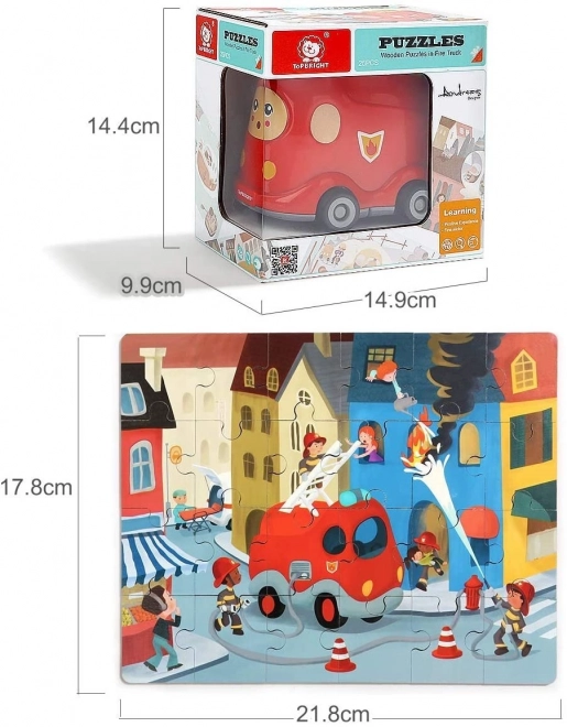 TOP BRIGHT Dřevěné puzzle s hračkou: Hasičské auto 24 dílků