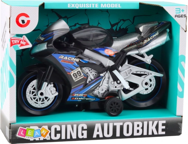 Černomodrý závodní motocykl s efekty světel a zvuku