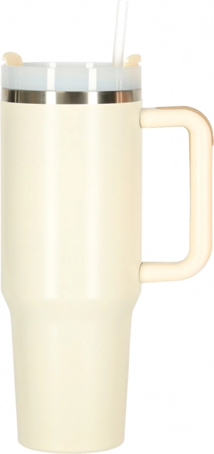 Krémový termohrnek se slámkou a uchem 1200 ml
