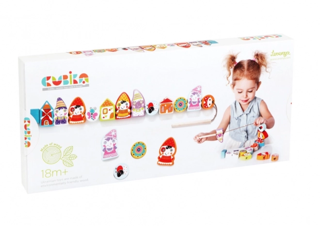 CUBIKA 13654 Navlékací trpaslíci  - navlékací set - 13 dřevěných dílů a 8 předloh