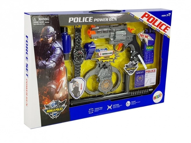 Policejní sada Pistole Pouta Dalekohled Píšťalka Hodinky Odznak