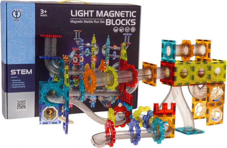 Magnetická stavebnice s kuličkovou dráhou se světly, 228 dílů
