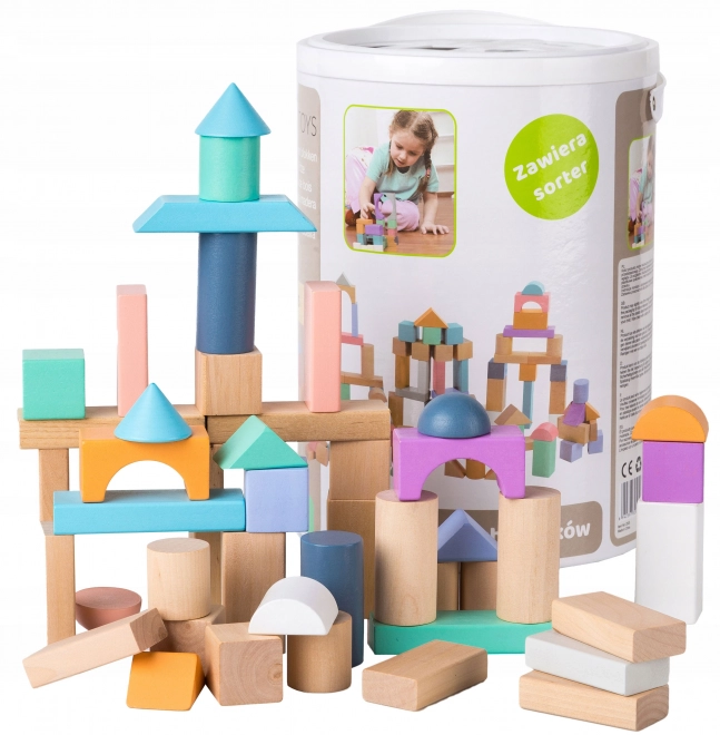 Dřevěné kostky 100 ks ve vědru se sortérem Ecotoys