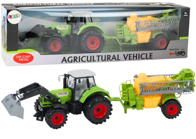 Zemědělský traktor bagr s postřikovačem Zelený