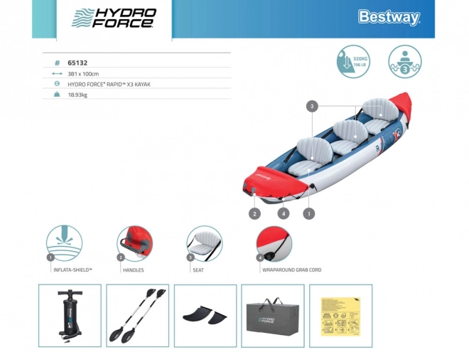 Dvouplášťový nafukovací kajak Bestway Rapid X3 pro 3 osoby s pádly a taškou