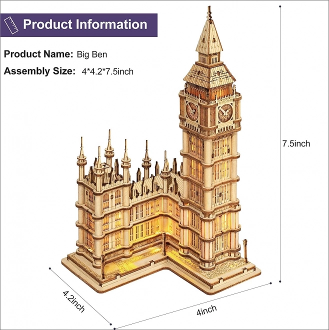 RoboTime dřevěné 3D puzzle hodinová věž Big Ben svítící