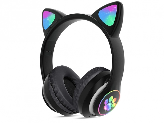 Bezdrátová sluchátka bluetooth rádio fm mp3 kočičí uši led podsvícení – Černé