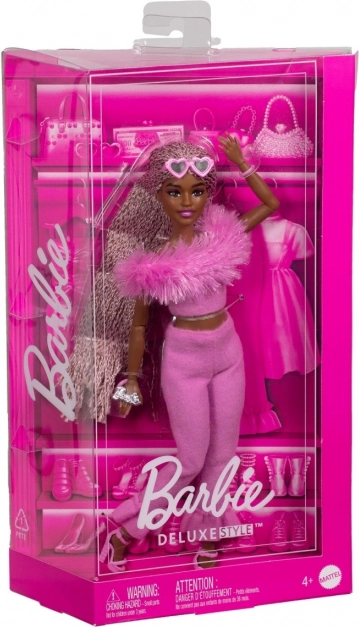 barbie deluxe style – růžový chlupatý komplet