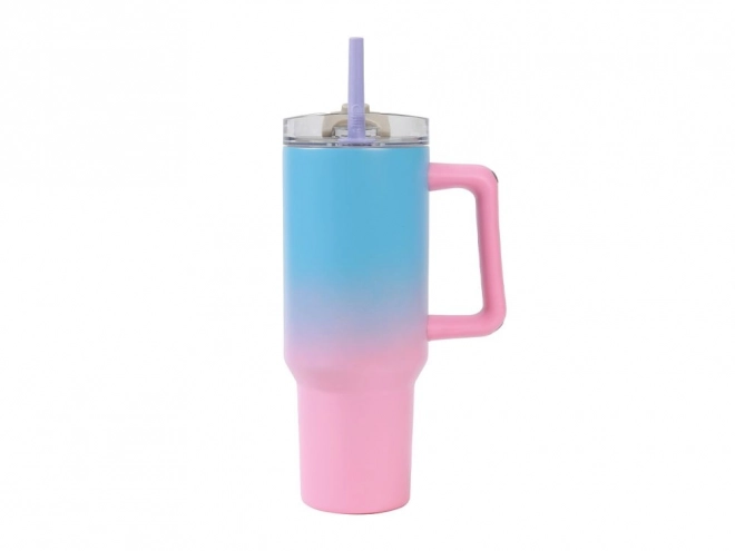 Velký modro-růžový termohrnek se slámkou