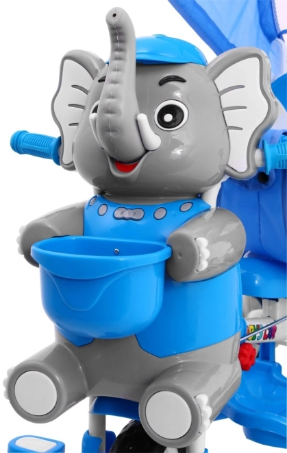 Dětské tříkolové kolo Slon + zvuky + stříška + zábrana + opěrka nohou + rukojeť + ližiny + úložný prostor – Modré