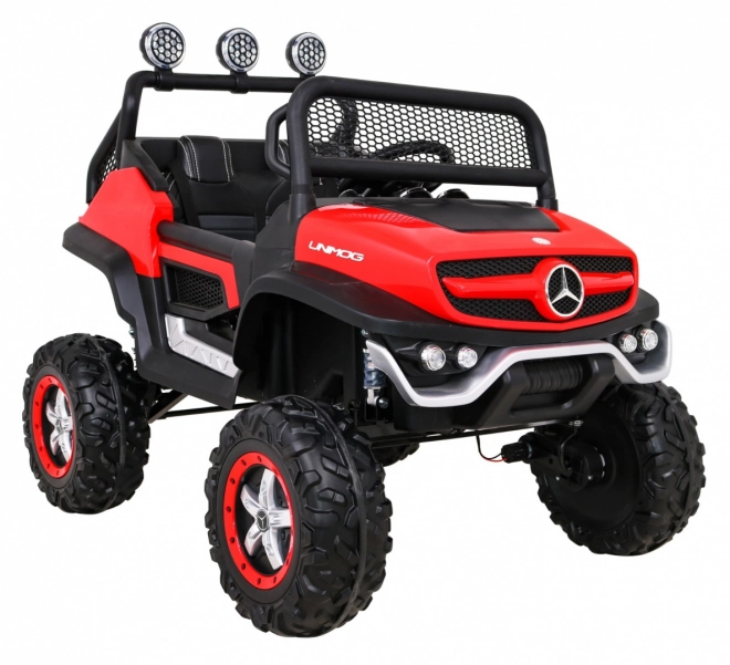 Mercedes Benz Unimog pro děti Červený + 4x4 + dálkové ovládání + nosič zavazadel + pomalý start + MP3 LED
